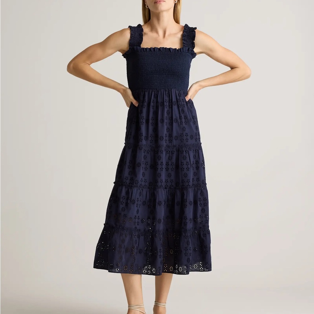 Quince Navy Midi Dress with Eyelet Detail